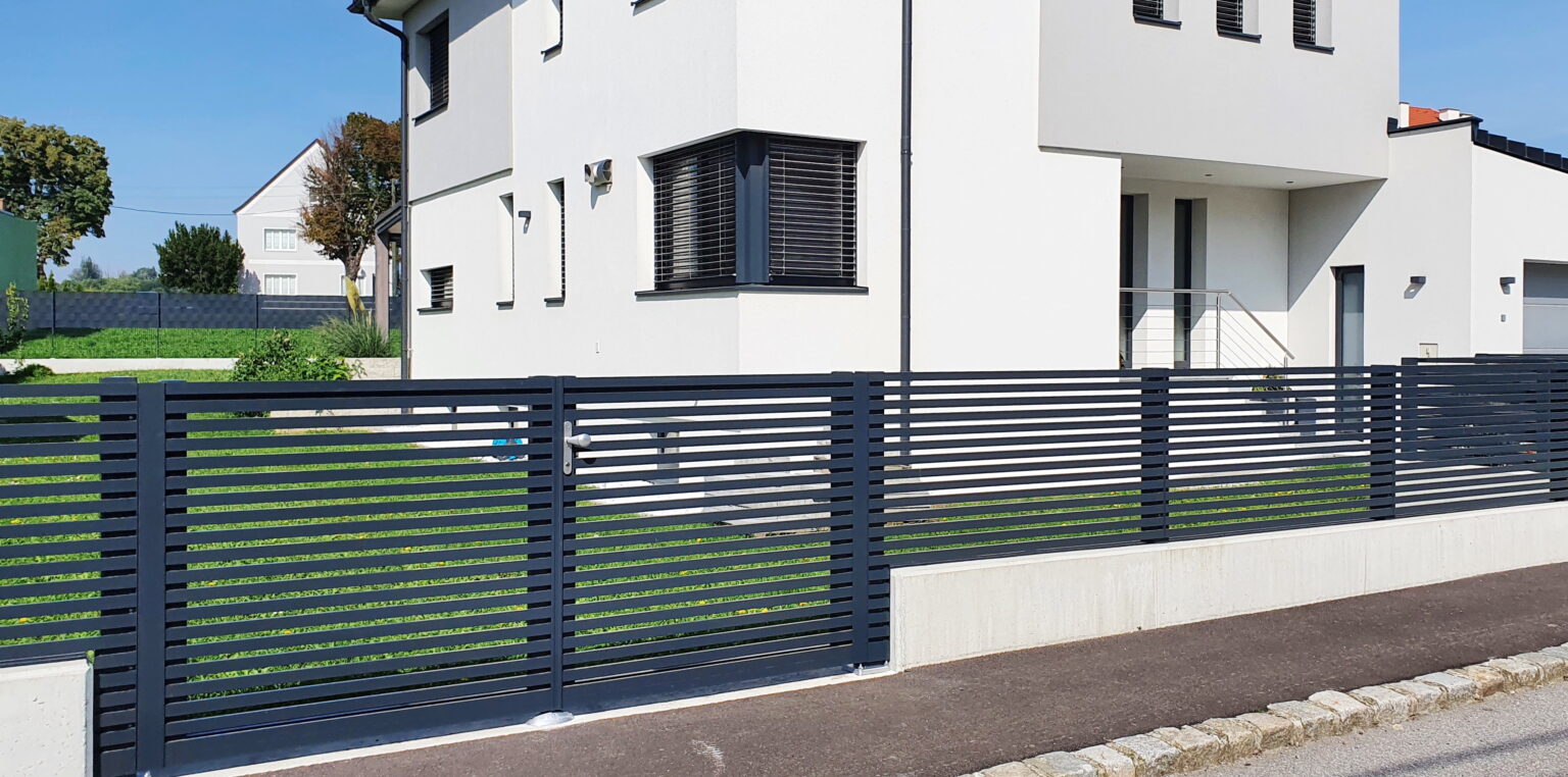 Aluminiumzaun, Aluminiumtor, Flügeltor, Zaunfeld, Gartentor, Horizontal, Brix Zaun, Frontline